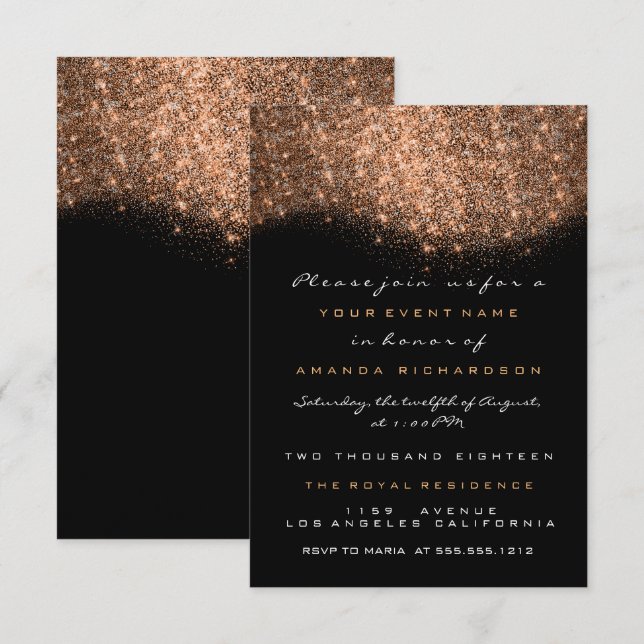 Rose Gold Glitter Koppar Svart Formell Inbjudan (Fram/baksida)