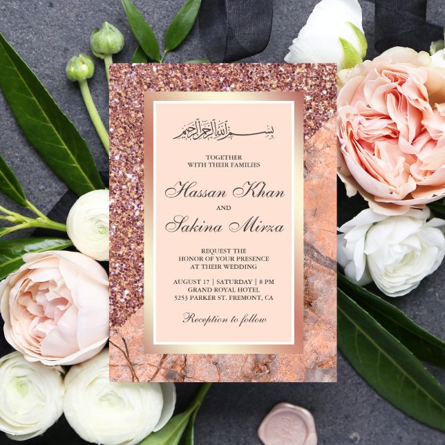 Rose Gold Glitter Korall Rosa Marmor Muslim Bröllo Inbjudningar (Skapare uppladdad)