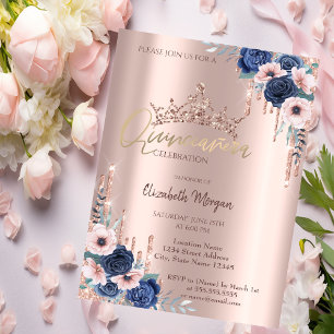 Rose Gold Glitter Kronan Drop, Rosor Quinceañera Inbjudningar