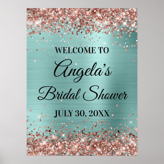 Rose Gold Glitter Ljus Turkos Bröllopsfest Poster (Framsidan)