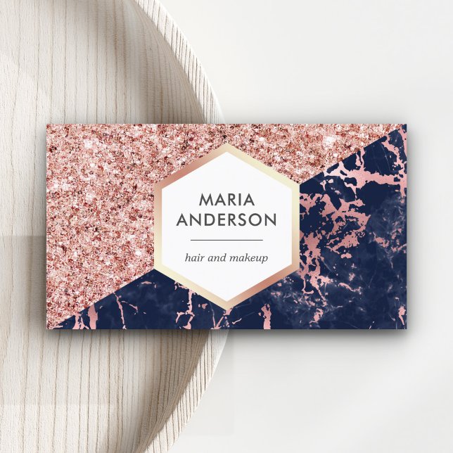 Rose Gold Glitter Marinblå Marmor Makeup Artist Visitkort (Skapare uppladdad)