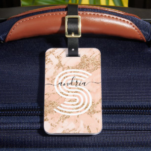 Rose Gold Glitter-marmor, namn i skrivstil Vit mon Bagagebricka
