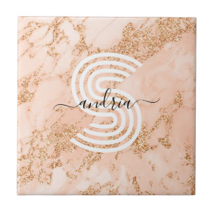 Rose Gold Glitter Marmor, namn i skrivstil Vit Mon Kakelplatta
