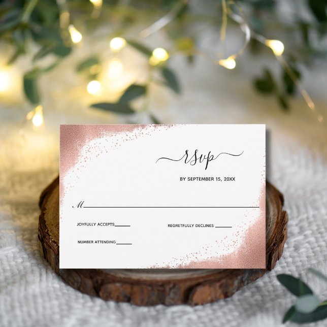 Rose Gold Glitter Modern Elegant Bröllop  OSA Kort (Rose Gold glitter border RSVP card for wedding)