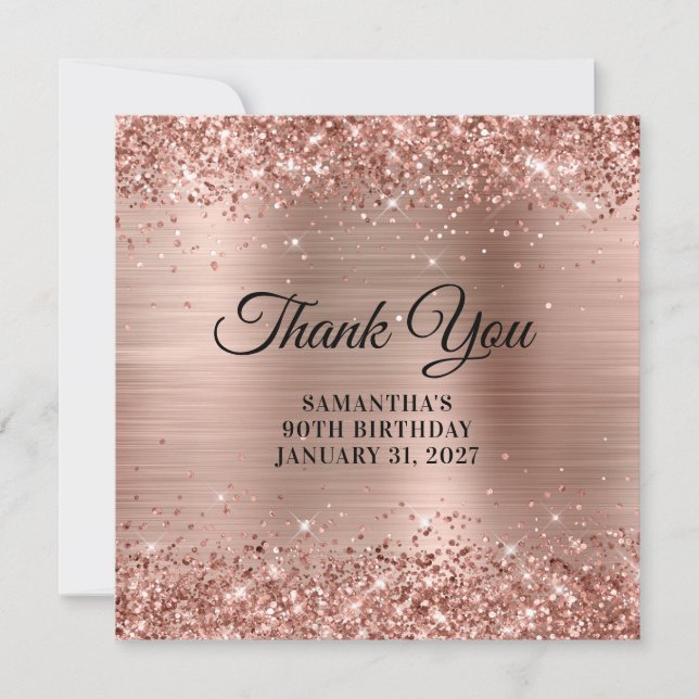 Rose Gold Glitter Monogram 90-årsdag Tack Kort (Framsida)