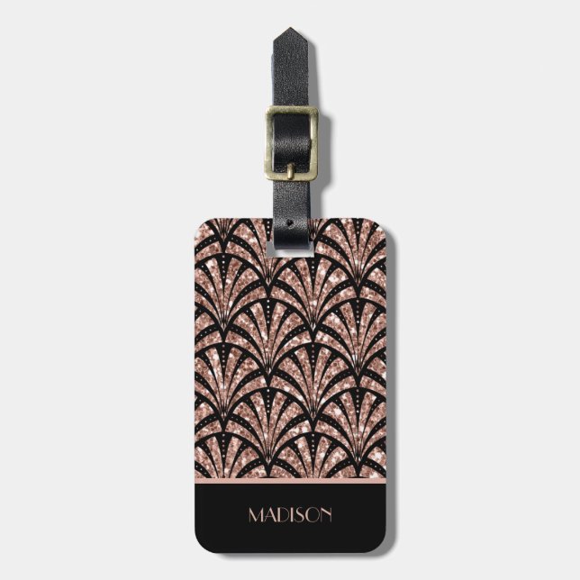 Rose Gold Glitter Monogram Art Deco Mönster   Bagagebricka (Vertikal Framsida)