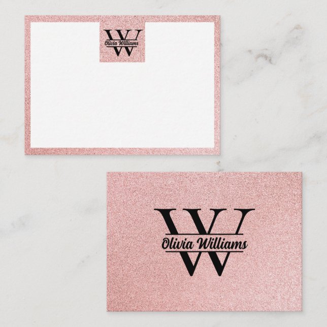 Rose Gold Glitter Monogram | Girly Modern Glitter Anteckningskort (Fram/baksida)