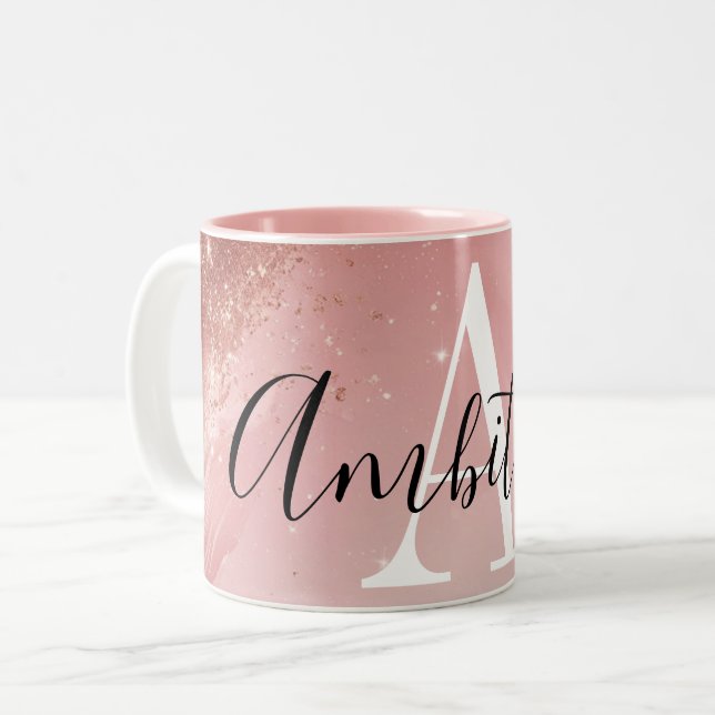 Rose Gold Glitter Monogram Mug – Personalized Name Två-Tonad Mugg (Framsida vänster)