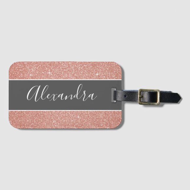 Rose Gold Glitter Monogramnamn Bagagebricka (Framsida horisontal)