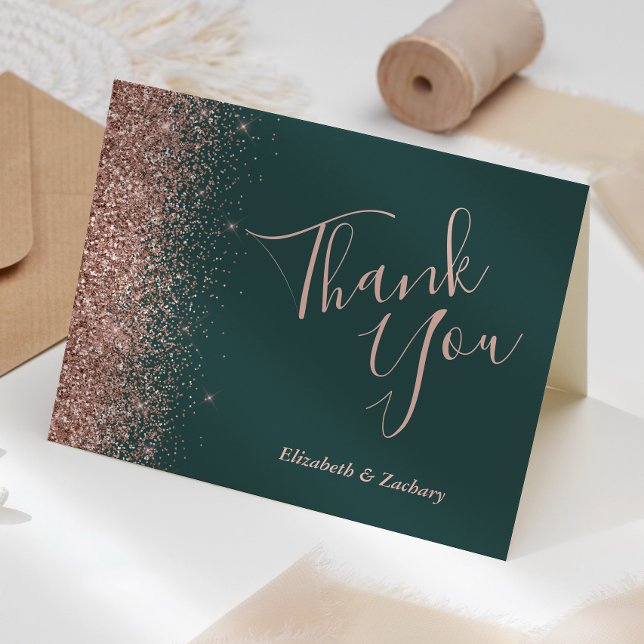 Rose Gold Glitter Mörk Grön Bröllop Tack Kort (Skapare uppladdad)