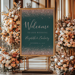 Rose Gold Glitter Mörkgrön Bröllopsvälkomst Poster