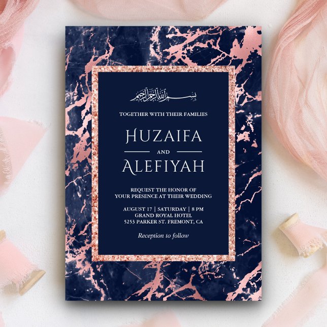 Rose Gold Glitter Navy Blå Marmor Muslim Bröllop Inbjudningar (Skapare uppladdad)