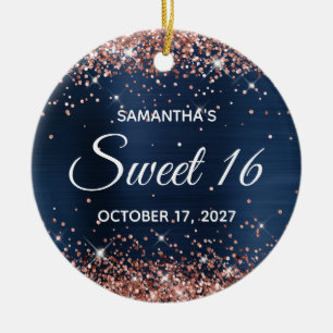 Rose Gold Glitter Navy Blue Folie Söt 16-årsdag Julgransprydnad Keramik