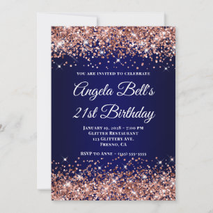 Rose Gold Glitter Navy Blue Ombre 21-årsdag Inbjudningar