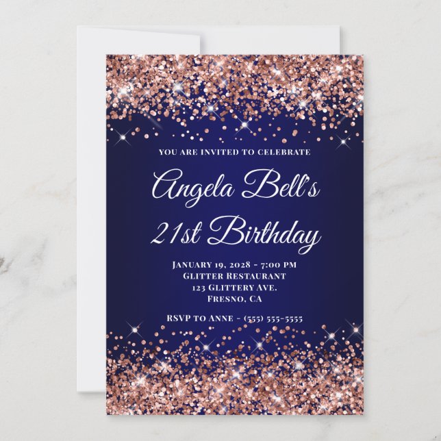 Rose Gold Glitter Navy Blue Ombre 21-årsdag Inbjudningar (Framsida)
