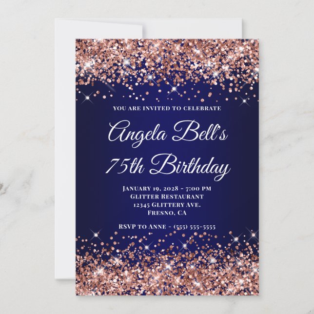 Rose Gold Glitter Navy Blue Ombre 75th Birthday Inbjudningar (Framsida)