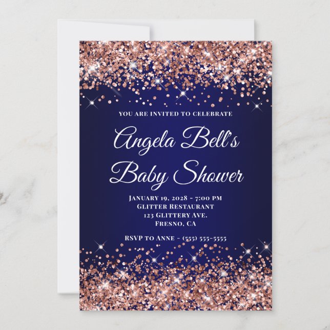 Rose Gold Glitter Navy Blue Ombre Baby Shower Inbjudningar (Framsida)