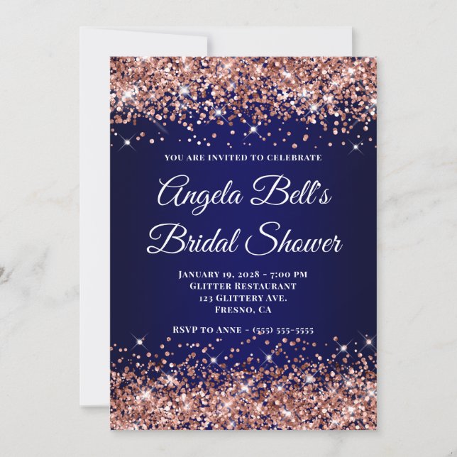 Rose Gold Glitter Navy Blue Ombre Bridal Shower Inbjudningar (Framsida)