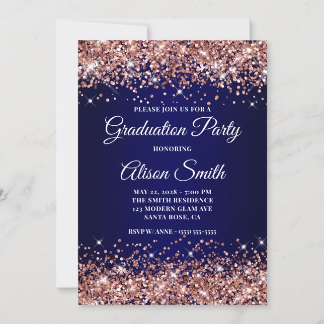 Rose Gold Glitter Navy Blue Ombre Graduation Party Inbjudningar (Framsida)