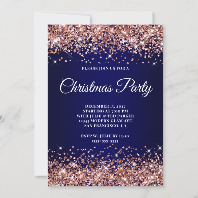 Rose Gold Glitter Navy Blue Ombre Julfest Inbjudningar (Framsida)
