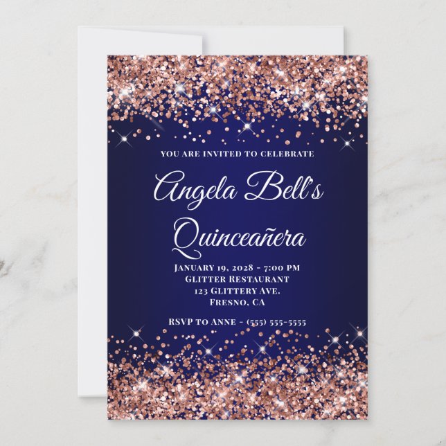 Rose Gold Glitter Navy Blue Ombre Quinceanera Inbjudningar (Framsida)