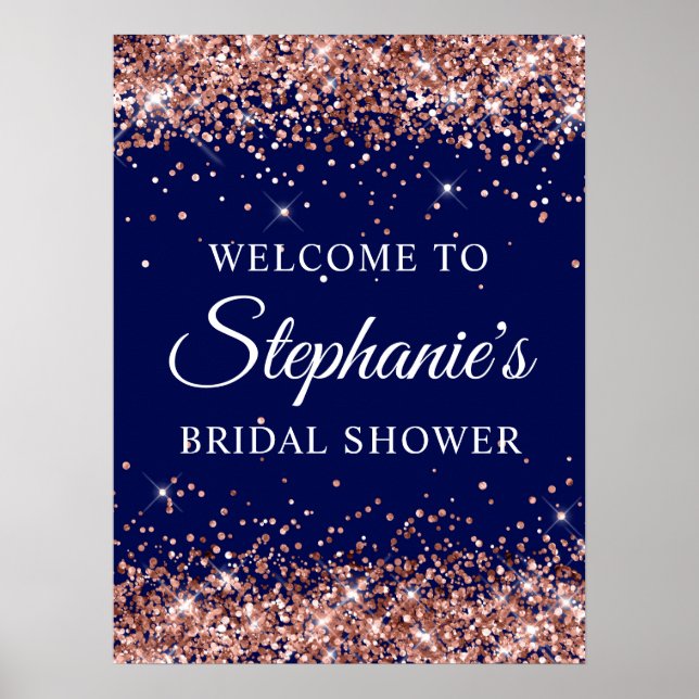 Rose Gold Glitter Navy Bröllopsdusch Välkommen Poster (Framsidan)