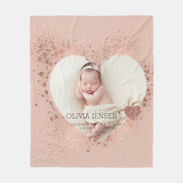 Rose Gold Glitter Nyfödd Foto Födelse Statistik  Fleecefilt (Framsidan)