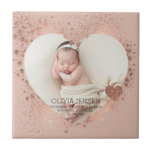 Rose Gold Glitter Nyfödd Foto Födelse Statistik Kakelplatta
