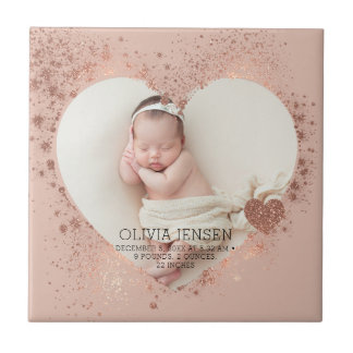 Rose Gold Glitter Nyfödd Foto Födelse Statistik Kakelplatta