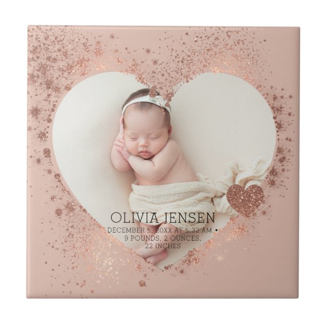 Rose Gold Glitter Nyfödd Foto Födelse Statistik  Kakelplatta (Framsidan)