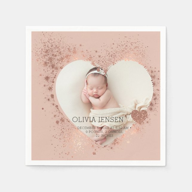 Rose Gold Glitter Nyfödd Foto Födelse Statistik  Pappersservett (Framsidan)