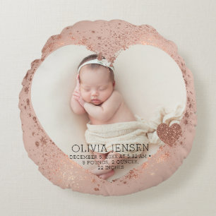 Rose Gold Glitter Nyfödd Foto Födelse Statistik  Rund Kudde