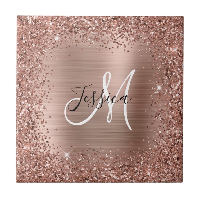 Rose Gold Glitter och folie Girly Glam Bokstavskom Kakelplatta (Framsidan)