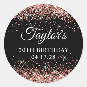 Rose Gold Glitter och Svart 30-årsfirande Runt Klistermärke