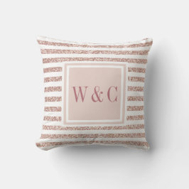 Rose Gold Glitter och Vit Rand Monogram Kudde