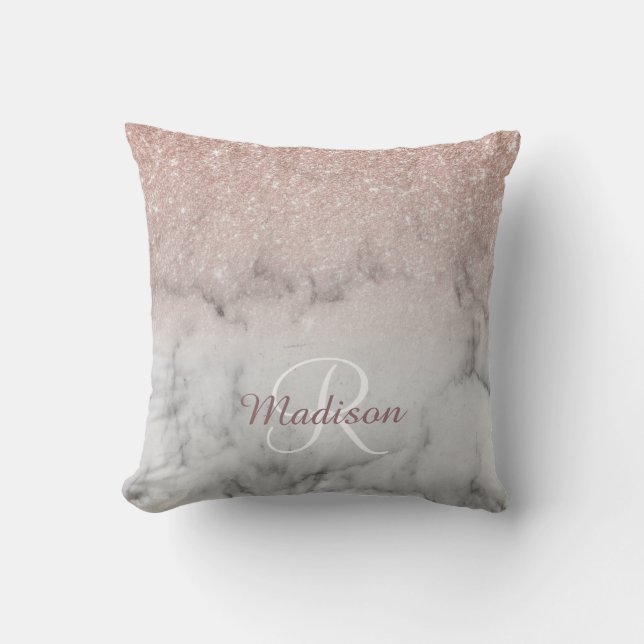Rose Gold Glitter Ombre Monogram-marmor Kudde (Framsida)