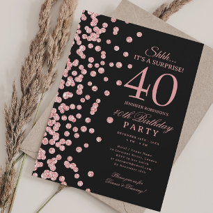 Rose Gold Glitter Överraskning 40-årsdag Svart Inbjudningar