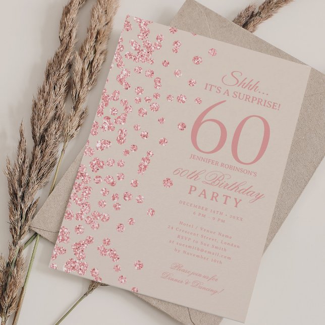 Rose Gold Glitter Överraskning 60-årsdag Champagne Inbjudningar (Rose Gold Glitter Surprise 60th Birthday Champagne Invitation)