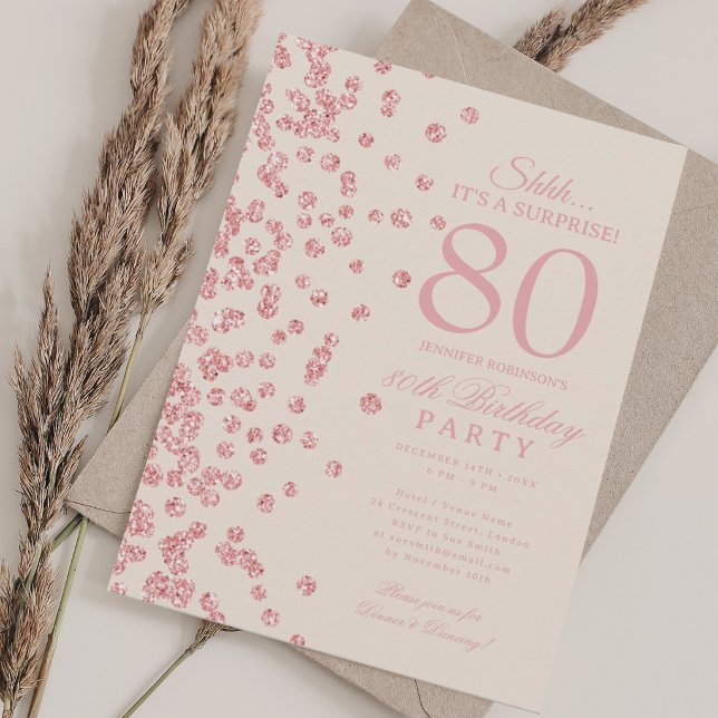 Rose Gold Glitter Överraskning 80-årsdag Champagne Inbjudningar (Rose Gold Glitter Surprise 80th Birthday Champagn Invitation)