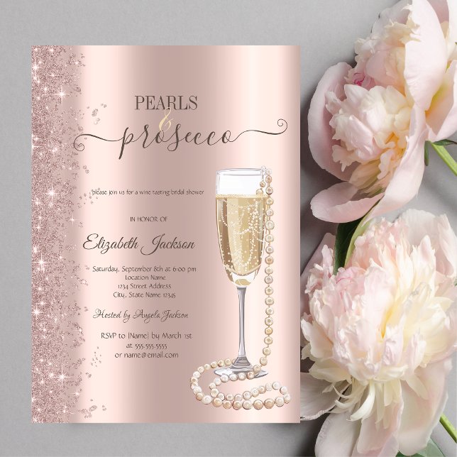 Rose Gold Glitter Pärlor & Prosecco Bröllopsdusch  Inbjudningar (Skapare uppladdad)