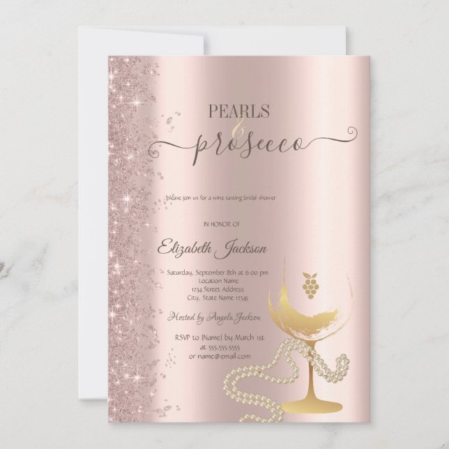 Rose Gold Glitter Pärlor Vin Glas Bröllopsdusch  Inbjudningar (Framsida)