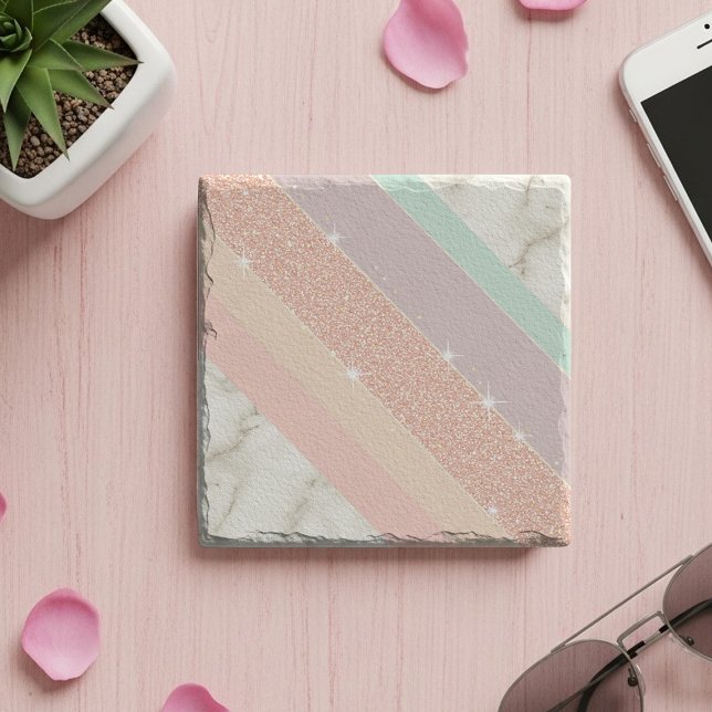Rose Gold Glitter Pastell Marmor Diagonala Ränder Stenunderlägg (Skapare uppladdad)