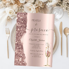 Rose Gold Glitter Pearls & Prosecco Bridal Shower Inbjudningar
