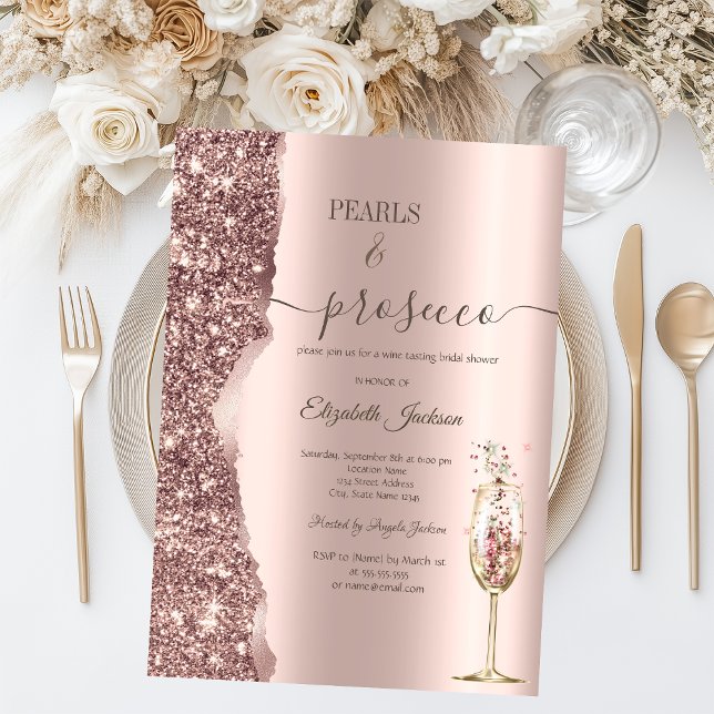 Rose Gold Glitter Pearls & Prosecco Bridal Shower Inbjudningar (Skapare uppladdad)