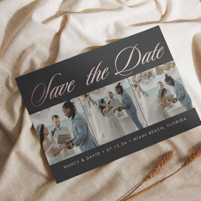 Rose Gold Glitter Photo Collage Beach Wedding  Spara Datumet (Skapare uppladdad)