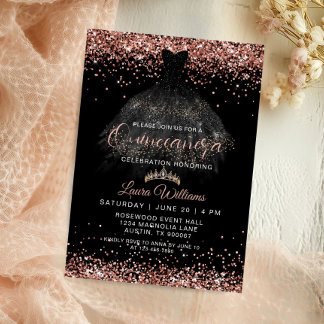 Rose Gold Glitter Princess Quinceañera Födelsedag Inbjudningar