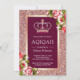 Rose Gold Glitter Prinsessa Rosa Blommig Aqiqah Inbjudningar