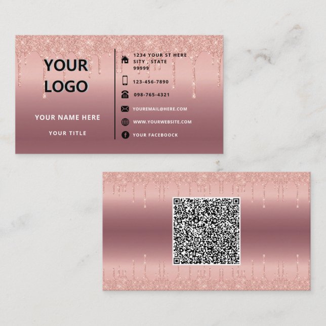 Rose Gold Glitter QR-kod Affärs-kort Mall Visitkort (Fram/baksida)
