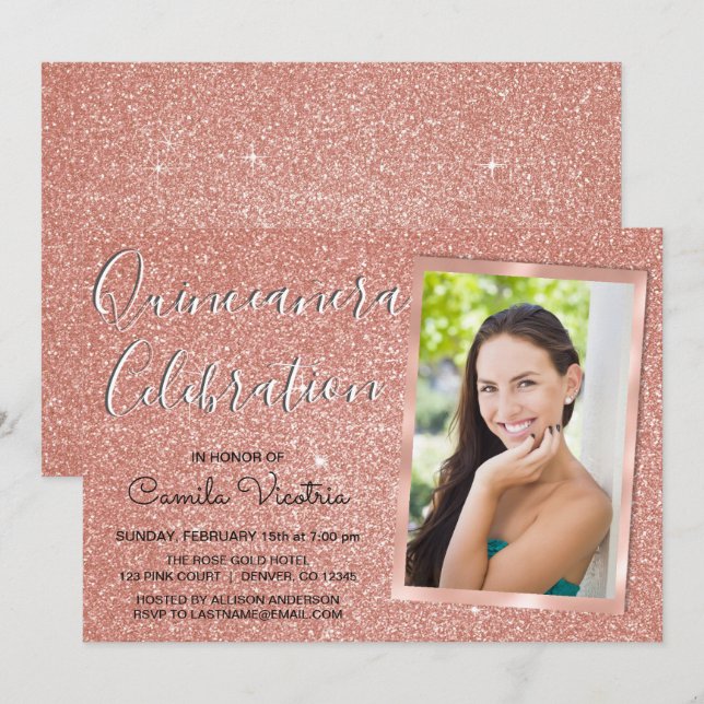 Rose Gold Glitter Quinceañera-firande Inbjudningar (Fram/baksida)