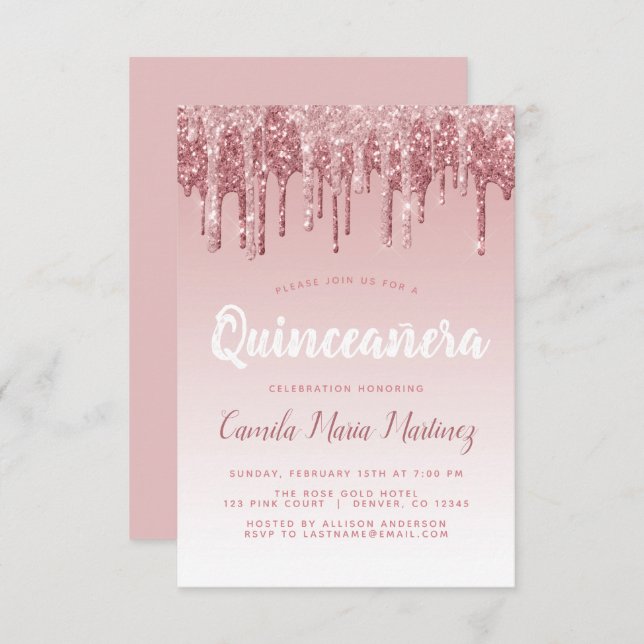 Rose Gold Glitter Quinceanera Firande Inbjudningar (Fram/baksida)